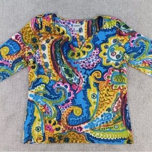 🌈 Chicos Fun Colorful Rayon Blend Scoop Crew Neck 3/4 Sleeve Tee 2, L, Large